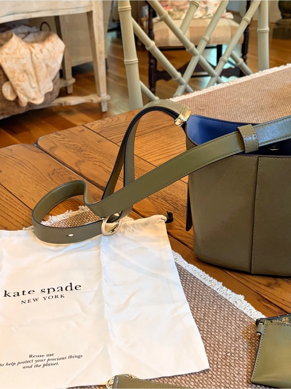 KATE SPADE NWOT HALO LEATHER MINI BUCKET BAG DRIED THYME + MATCHING WALLET